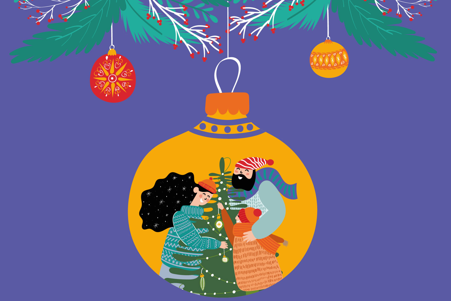illustration of two people decorating a Christmas tree inside a festive bauble, promoting an old-fashioned Christmas event at Hamptonne illustration of two people decorating a Christmas tree inside a festive bauble, promoting an old-fashioned Christmas event at Hamptonne sponsored by Ogier on 16 and 17 December 2024