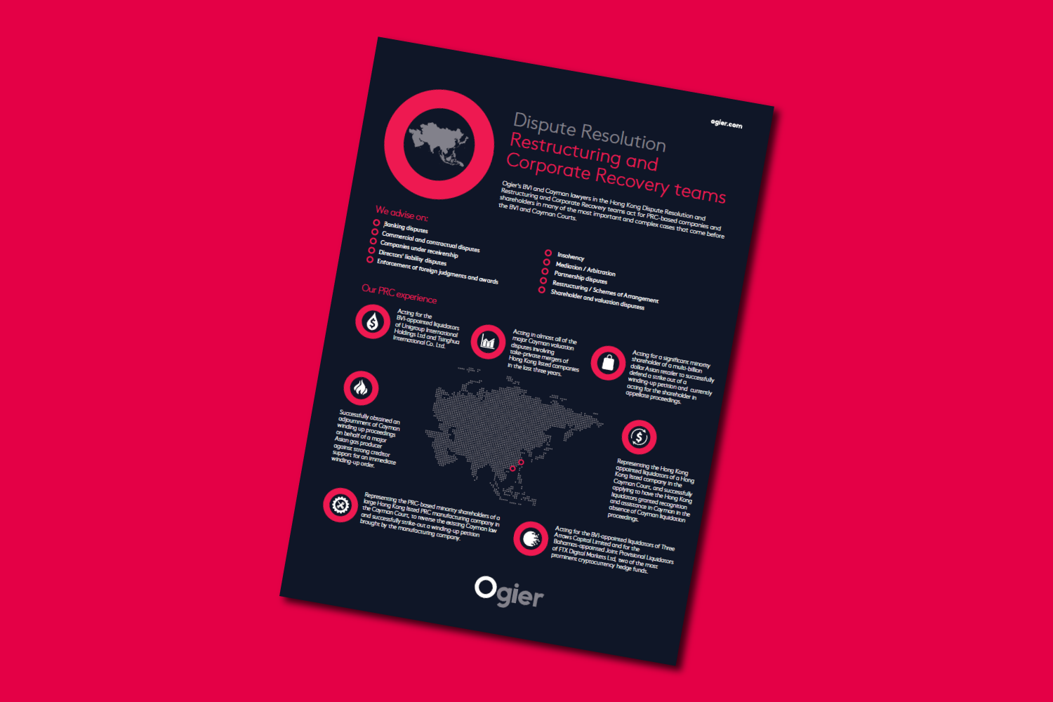 Ogier Asia factsheet highlighting dispute resolution, restructuring and corporate recovery teams with service points, regional map, icons and Ogier branding