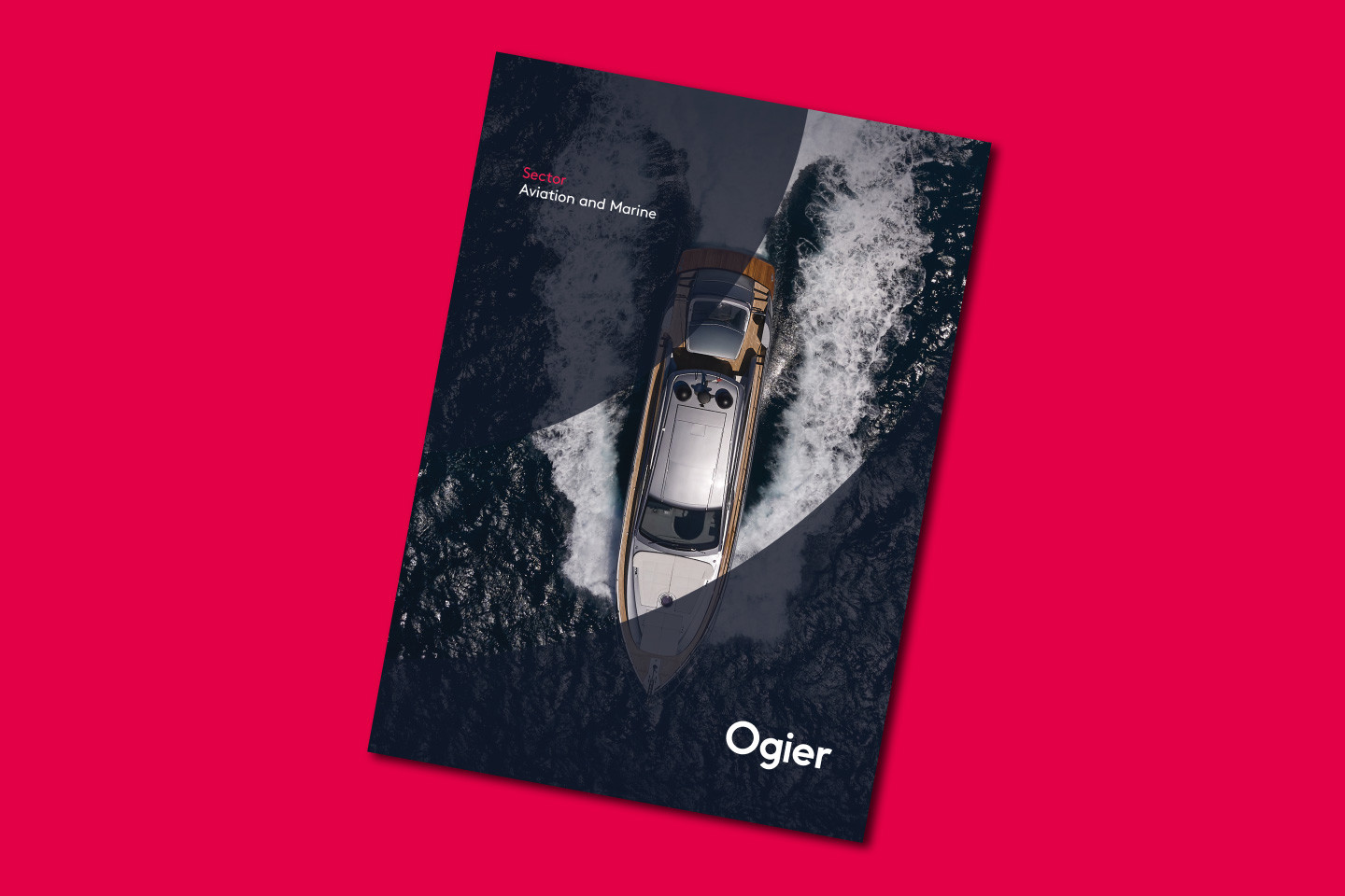 Ogier Aviation and Marine brochure cover shows overhead view of a luxury yacht cutting through dark water with white wake