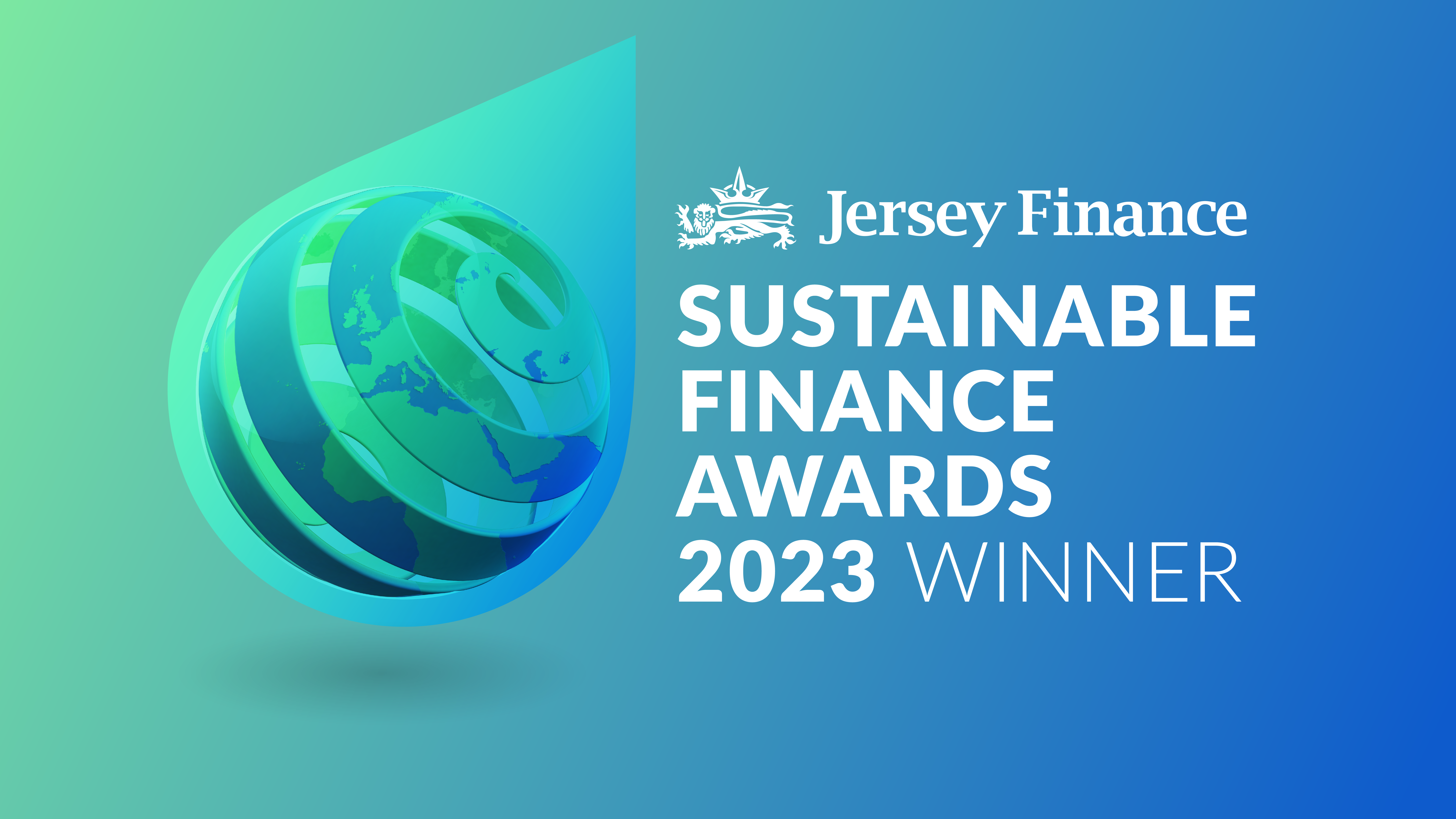 Jersey Finance Sustainable Finance Awards winner 2023 with globe design on blue and green gradient