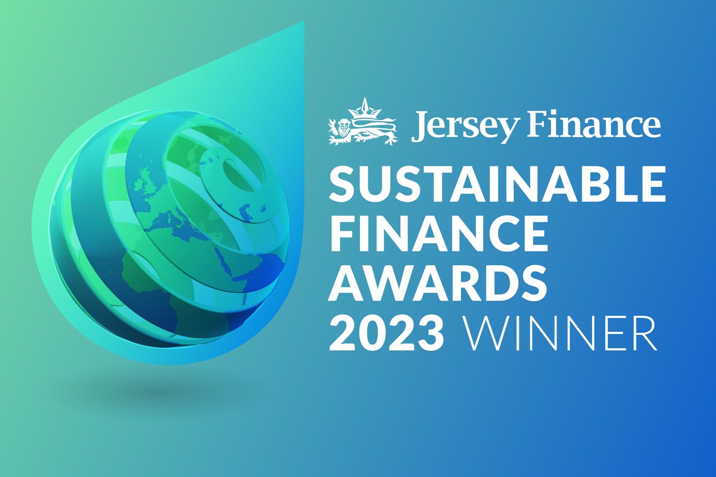 Jersey Finance Sustainable Finance Awards winner 2023 with globe design on blue and green gradient