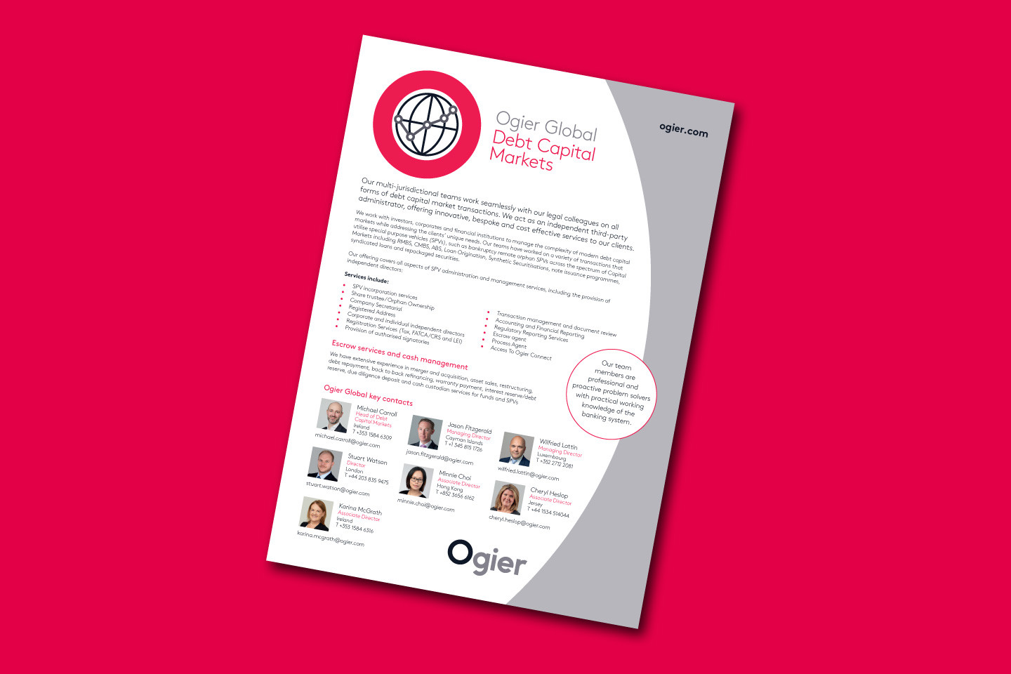 Ogier Global Debt Capital Markets factsheet presenting service summary, team contacts with photos, and a professional branded layout