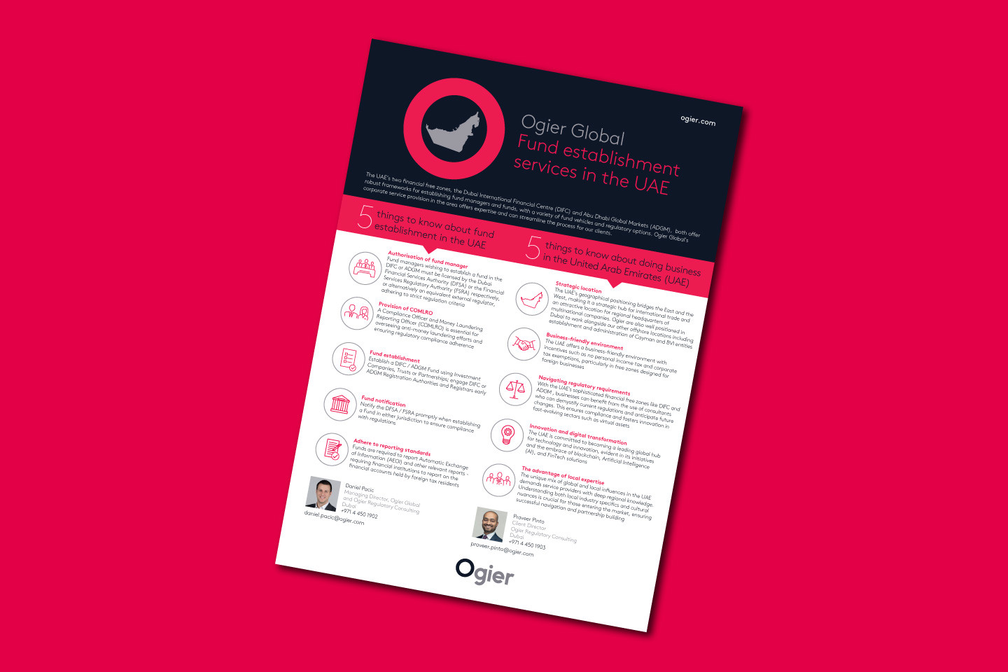 An Ogier infographic summarising fund establishment and business insights for the UAE, with icons and contact details.