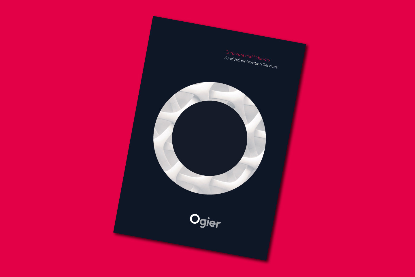 Ogier Global Fund Administration Europe cover features a stylised Ogier logo illustration with white geometric pattern on a dark background