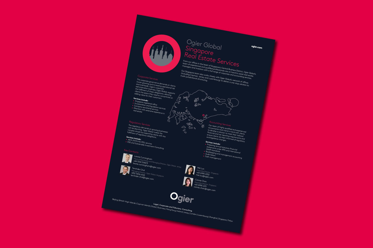 Infographic showcases Ogier Global’s Singapore real estate services, with a cityscape icon, outline map of Singapore, service highlights and team contacts