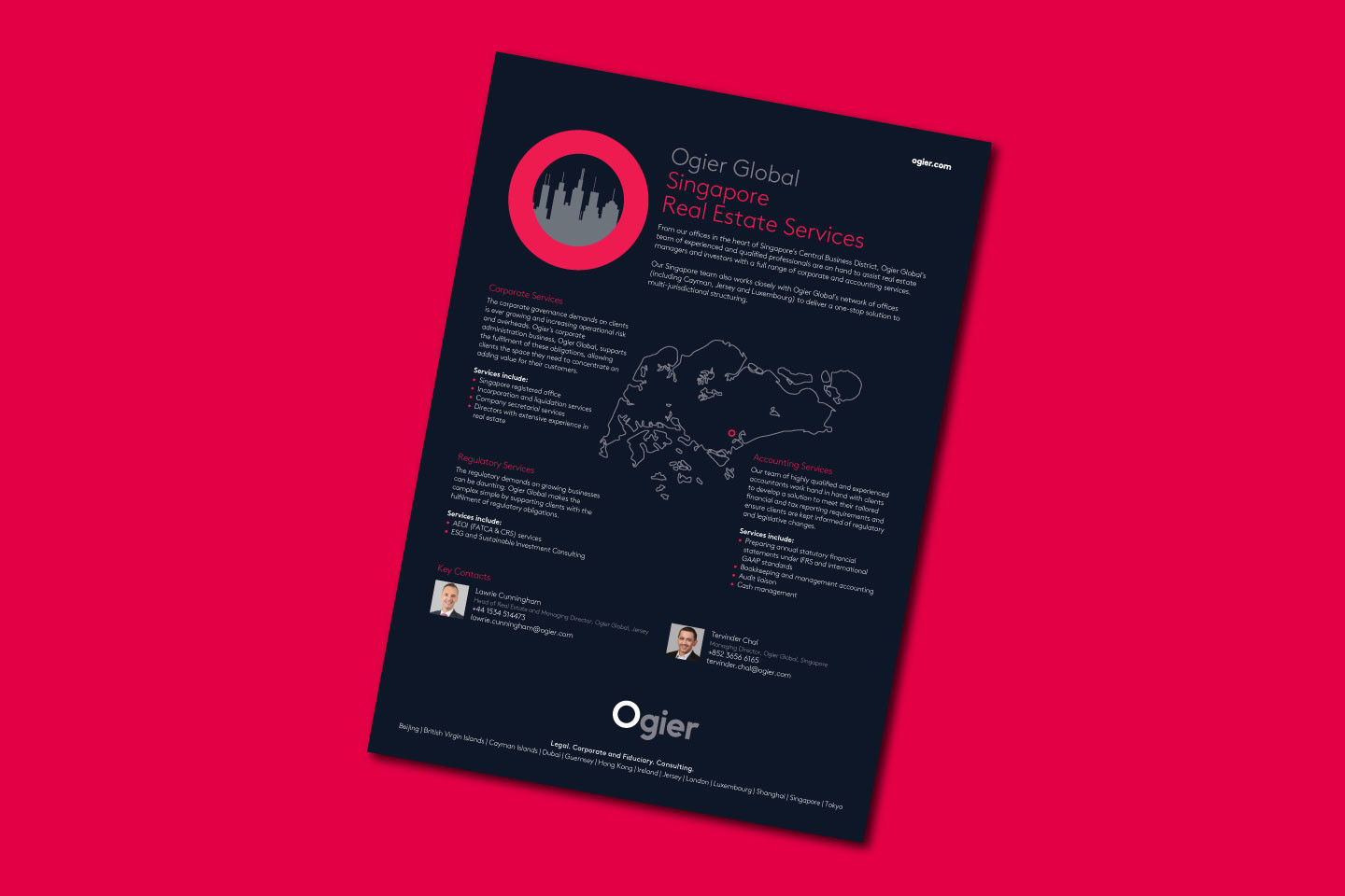 Infographic showcases Ogier Global’s Singapore real estate services, with a cityscape icon, outline map of Singapore, service highlights and team contacts