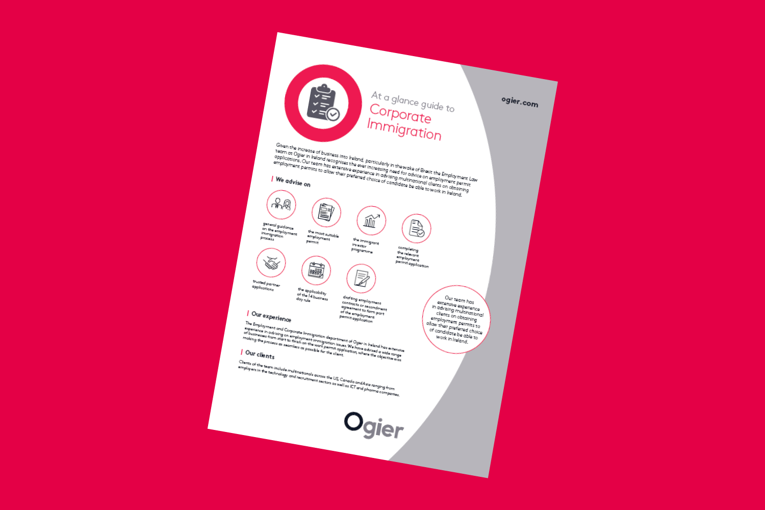 Ireland Corporate and Immigration factsheet from Ogier summarising key service offerings, concise descriptions and branded layout with stylised icons