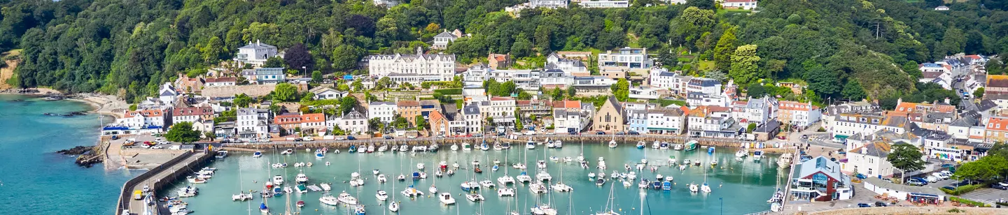 aerial view St Aubin's harbor