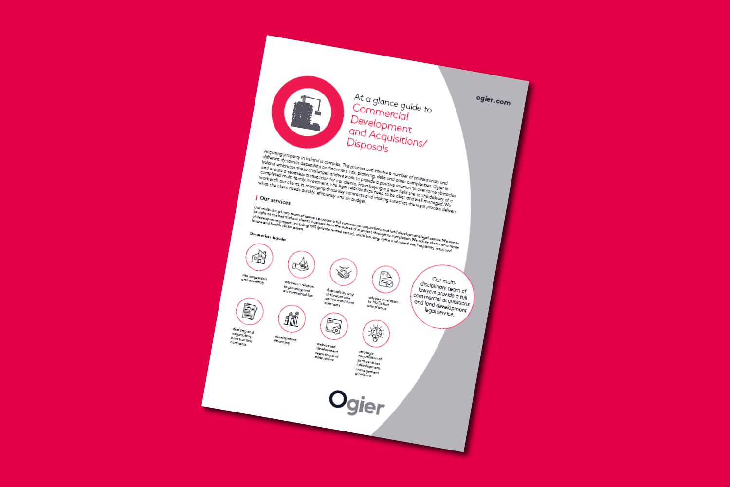 Ogier Ireland factsheet with an overview of commercial development and acquisitions or disposals services, using icons and clear service descriptions on a grey and white background