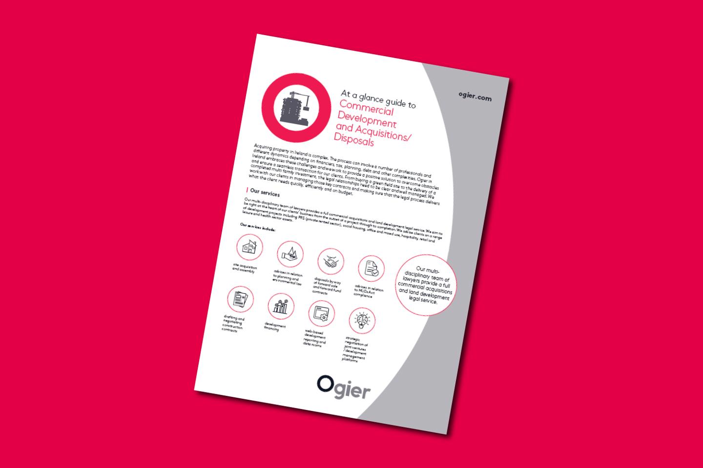 Ogier Ireland factsheet with an overview of commercial development and acquisitions or disposals services, using icons and clear service descriptions on a grey and white background