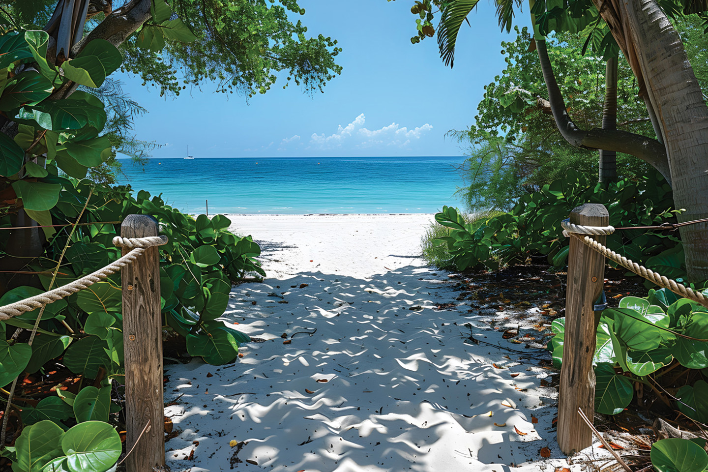 view of Rights of Way beach in Cayman Islands, with wooden posts and rope guiding towards white sand, turquoise water and leafy trees.