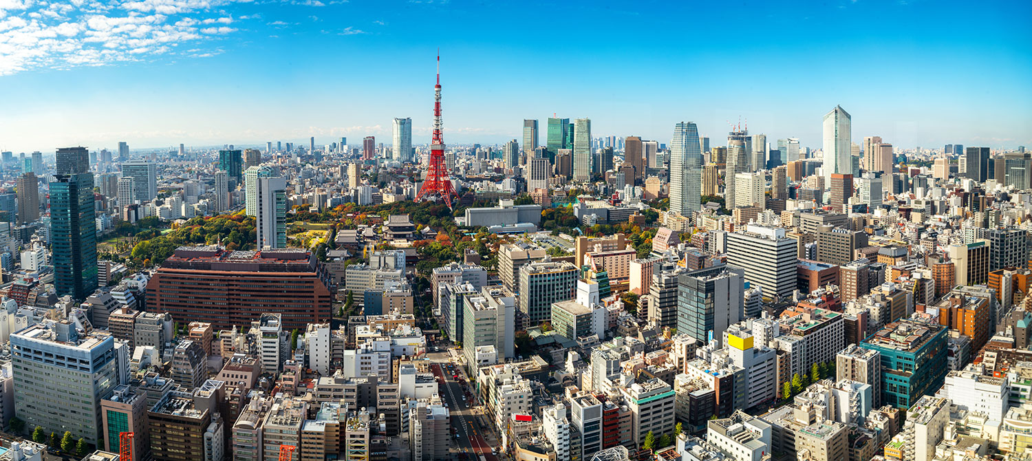 aerial view of Tokyo with clear blue sky