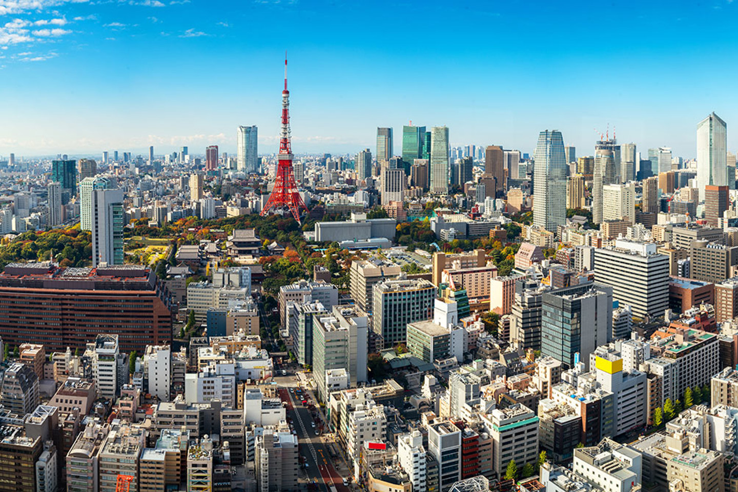 aerial view of Tokyo with clear blue sky