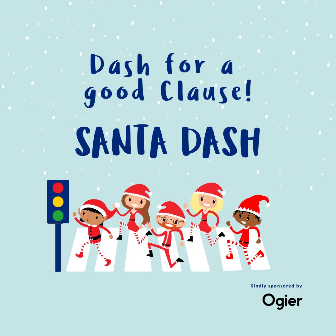 illustration of festive runners dressed as Santa crossing a street under snow, promoting Jersey Hospice Care’s annual Santa Dash sponsored by Ogier